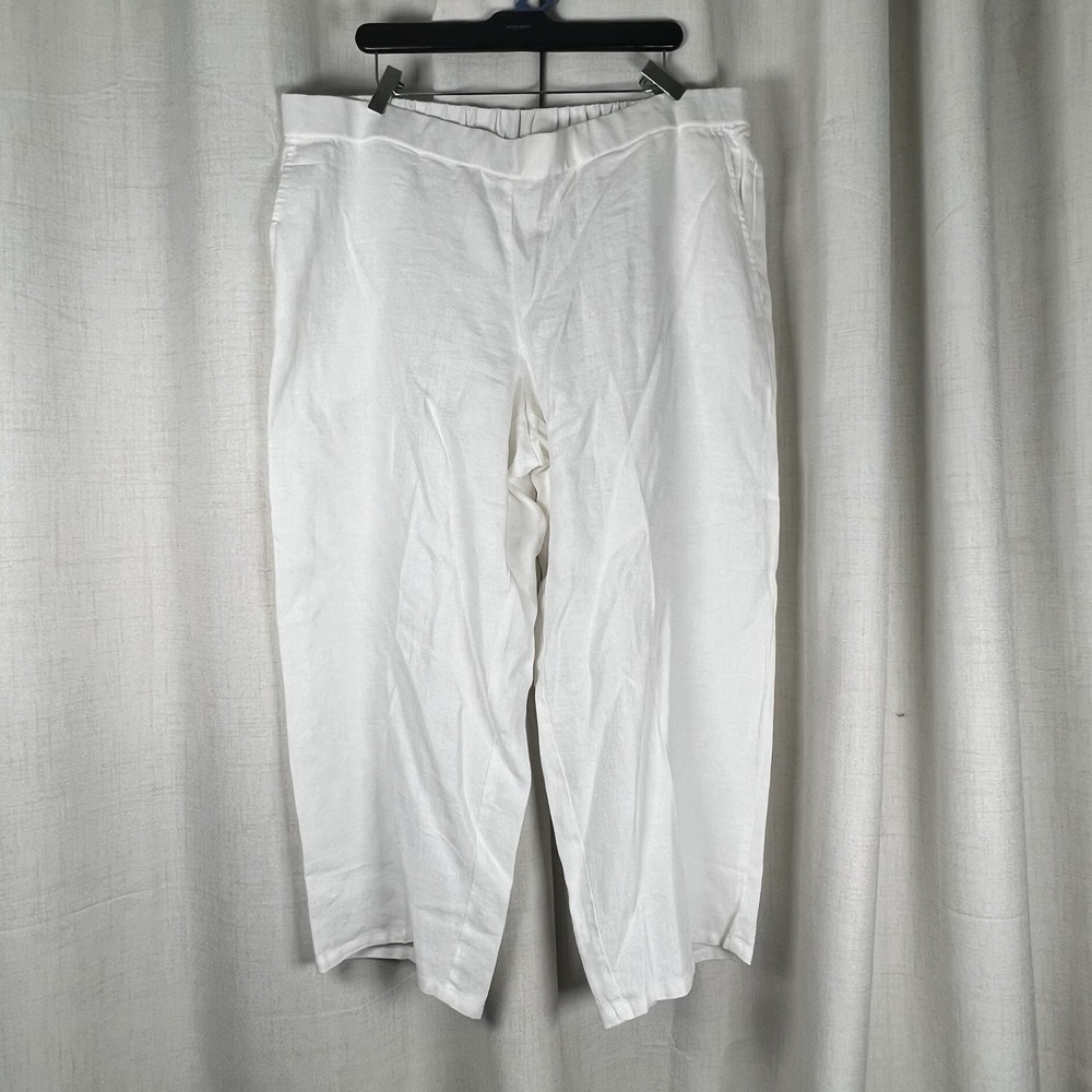 Eileen Fisher 1X White Organic Linen Wide Leg Minimalist Pants Pockets Coastal